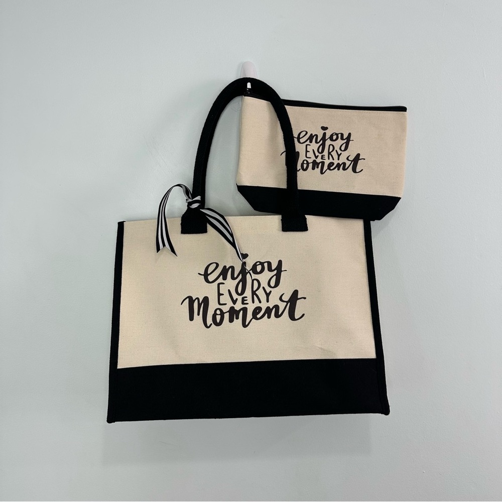 Unbranded Black and Cream Canvas Tote Bag and Pouch Set "Enjoy Every Moment"